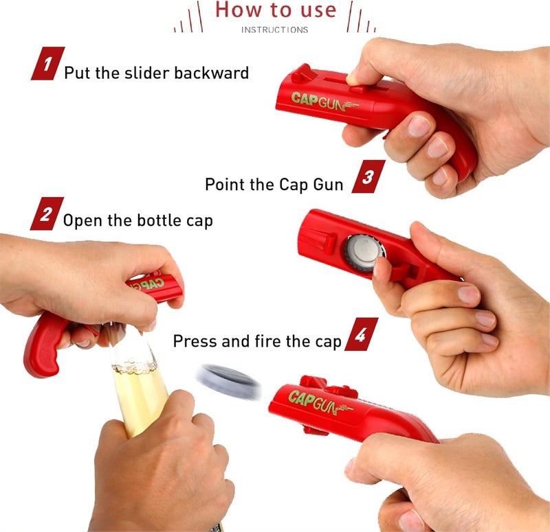 LIBERATECH Cap Shooting Bottle Opener Gun - Launches Caps for World Cup Parties, BBQs & Adult Gatherings, Fun Gadget for Men, Unique Gag Gift for Sports Events (Blue red black gray) - Image 4